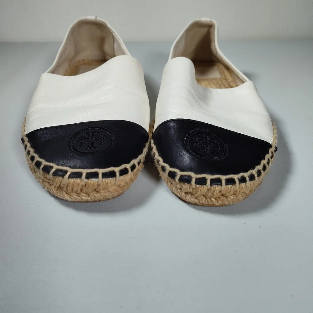 Tory Burch Leather Espadrille Flats Cream Black Logo Cap Toe Slip On Shoes Sz 7